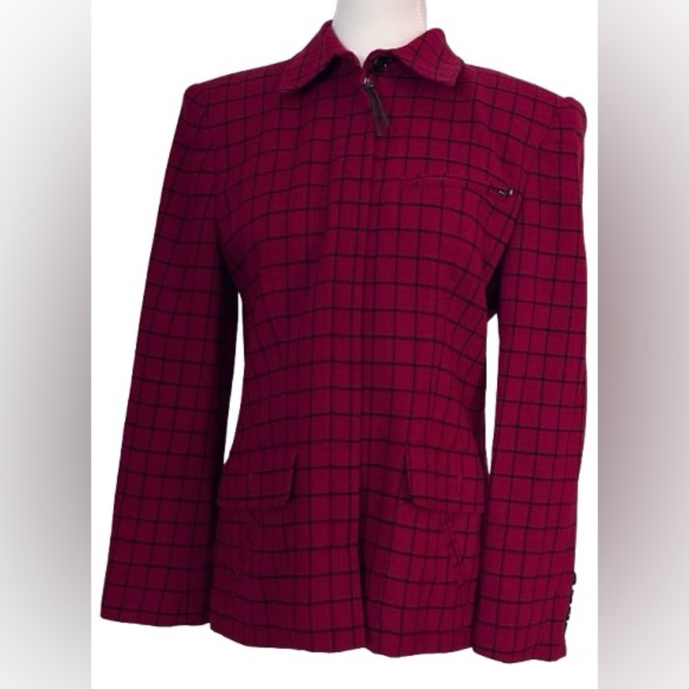 Vintage Wool Ralph Lauren Jacket Blazer Zipper Red Black Plaid Pattern Small 6